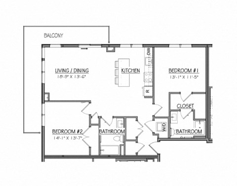 Floor plan for 2 beds, 2 baths, 1073 sqft